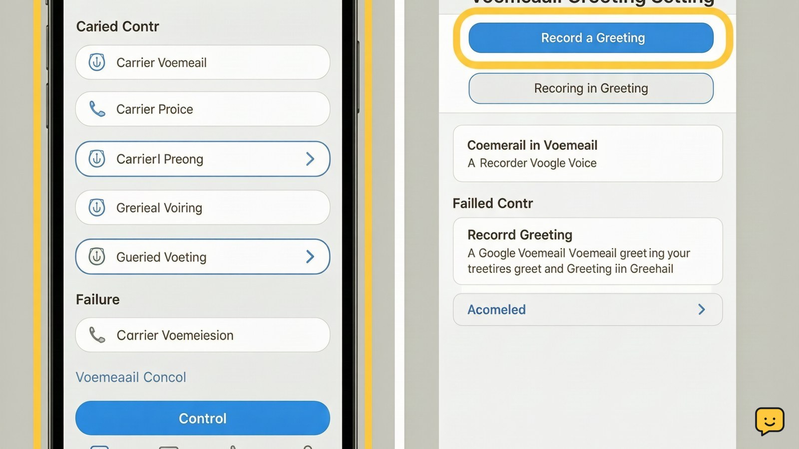 Phone voicemail setup screen beside Google Voice voicemail greeting settings