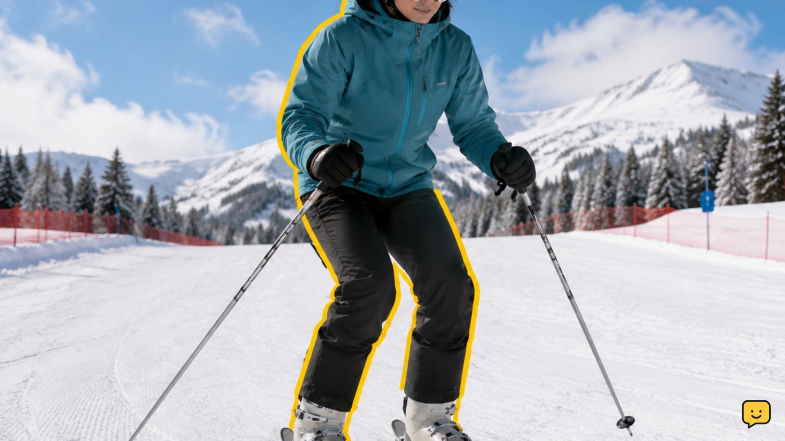 Beginner skier in a balanced athletic stance on a gentle marked ski slope
