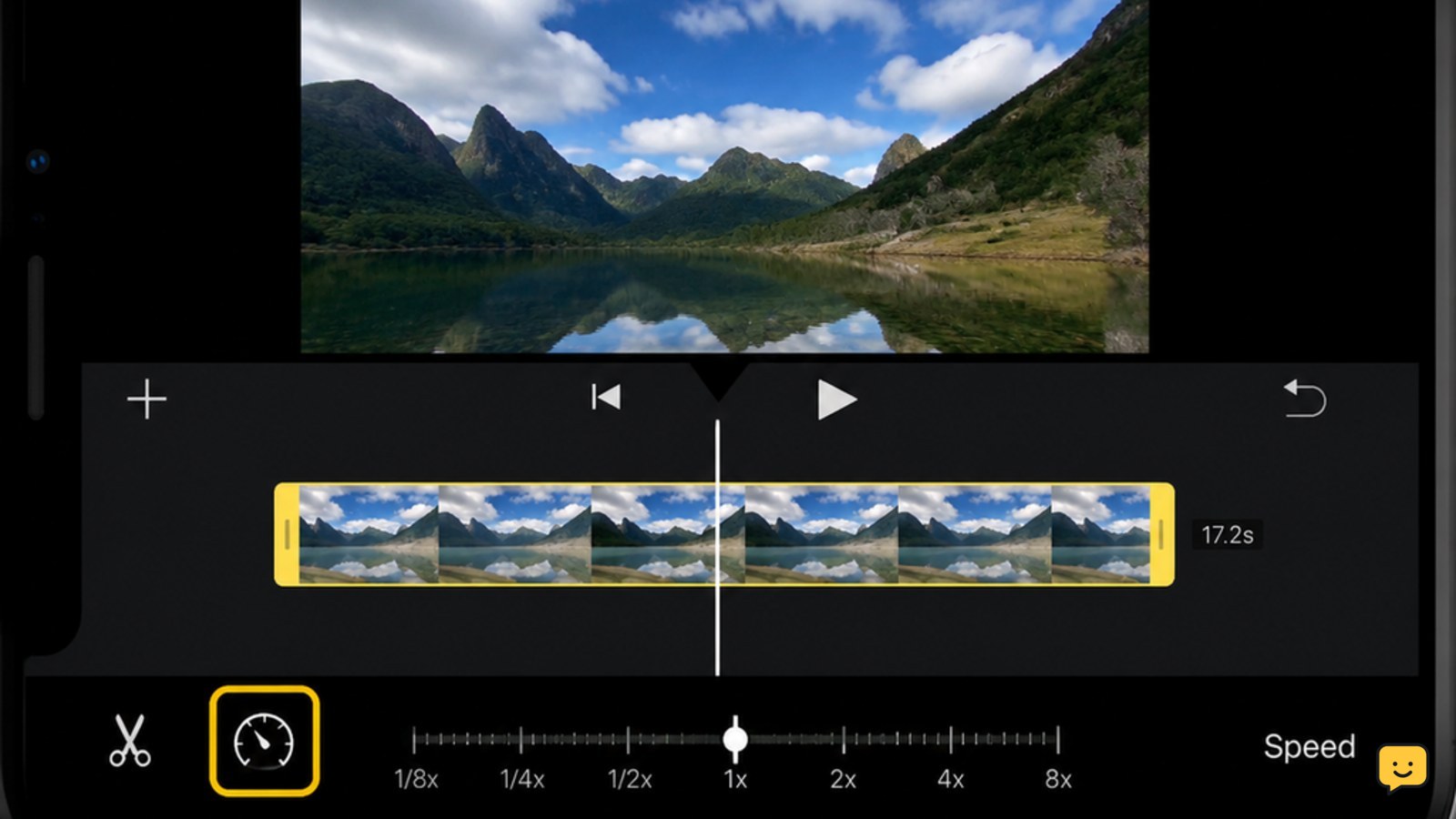 iPhone showing an iMovie video timeline with the speed control selected