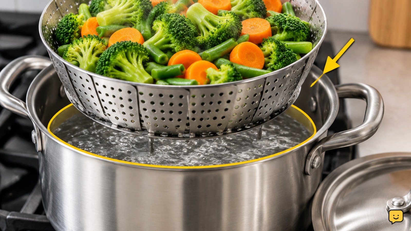 Mixed vegetables steaming in a basket above simmering water in a covered pot