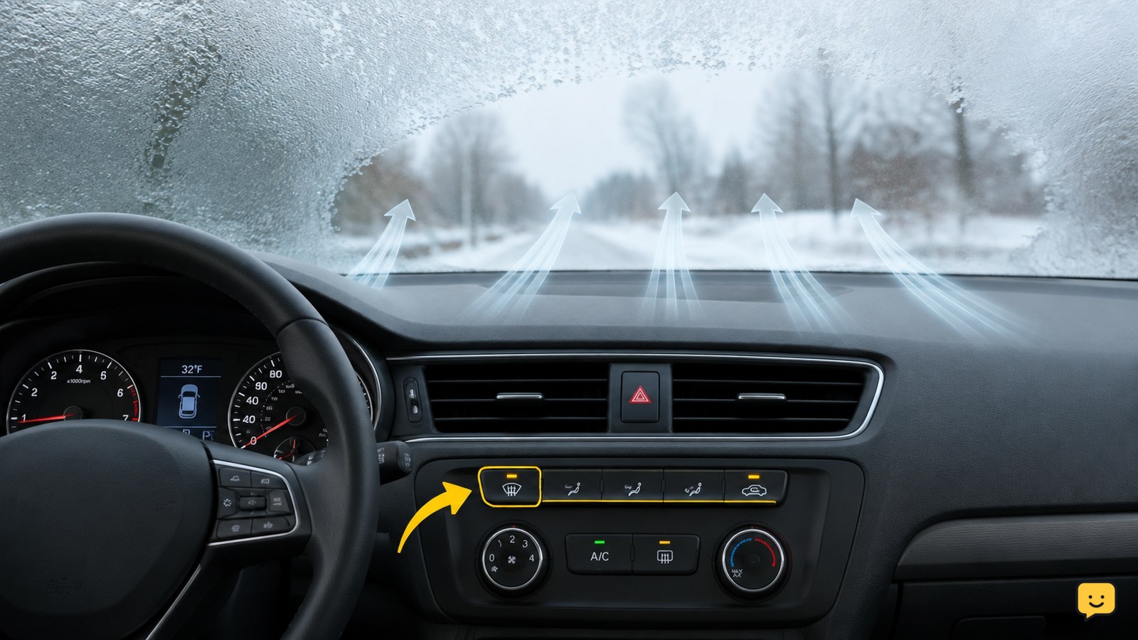 Car dashboard with windshield defrost airflow clearing condensation from the windshield