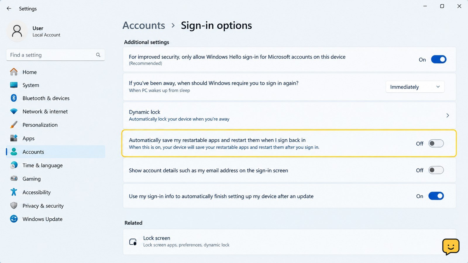 Windows Sign-in options showing the restartable apps setting turned off