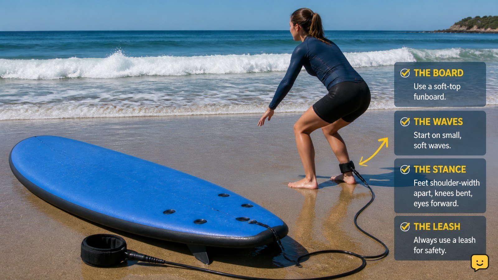 Beginner surfer on a soft-top board near a small beach break with a leash attached.