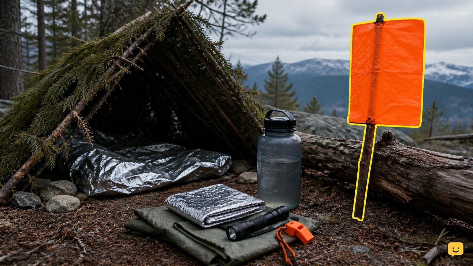 Wilderness survival gear arranged beside a sheltered waiting position with a visible signal marker