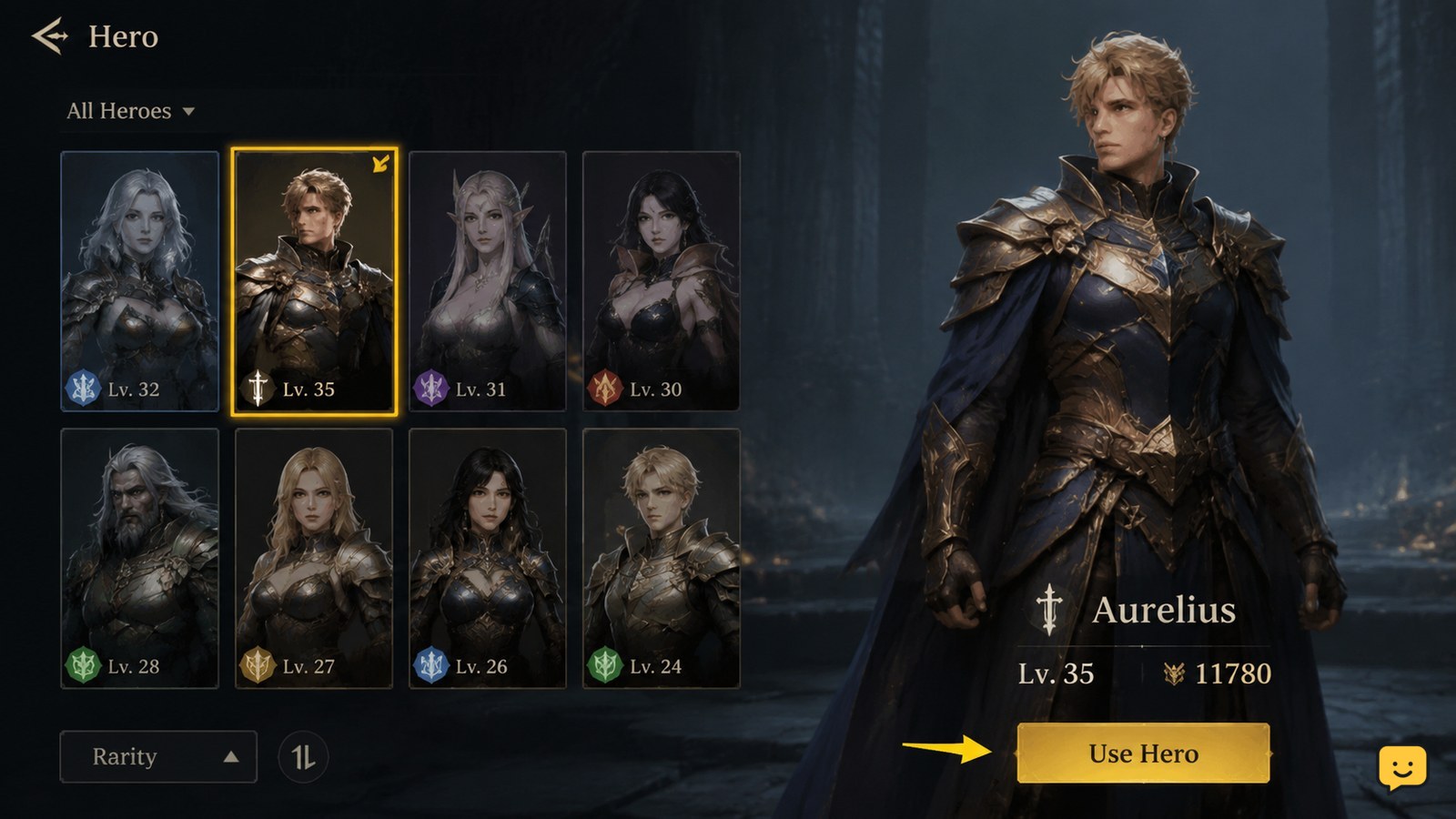 DragonSword: Awakening hero roster with one available character selected