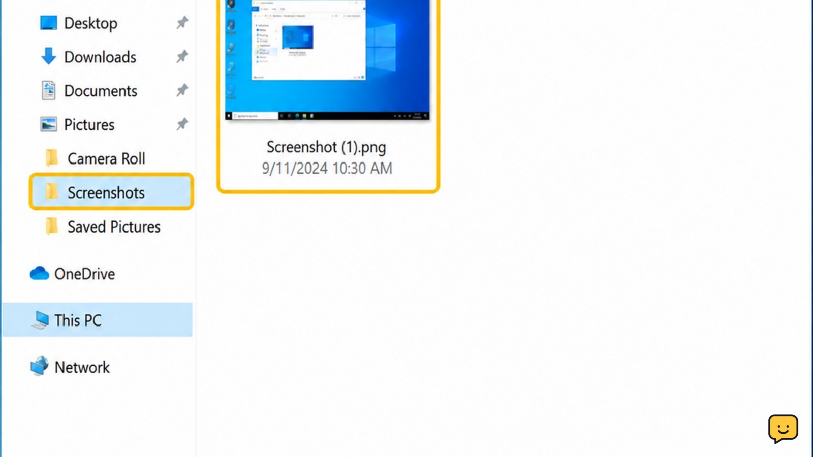 File Explorer open to the Pictures Screenshots folder with a newly captured screen image visible
