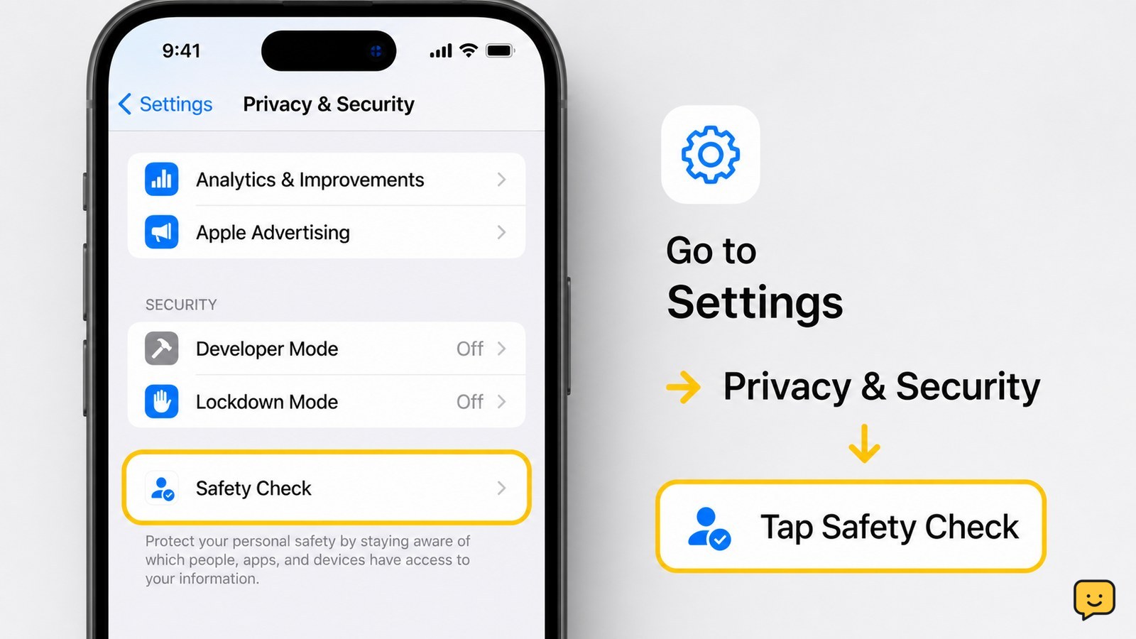 iPhone Settings screen with Privacy & Security and Safety Check highlighted