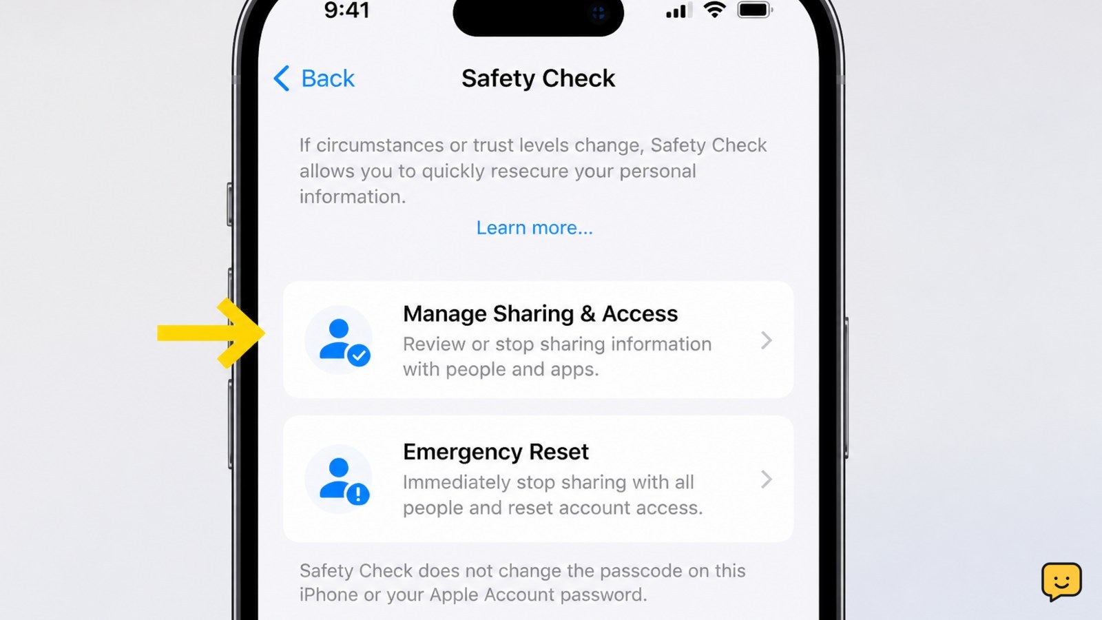 iPhone Safety Check screen showing Manage Sharing & Access and Emergency Reset options