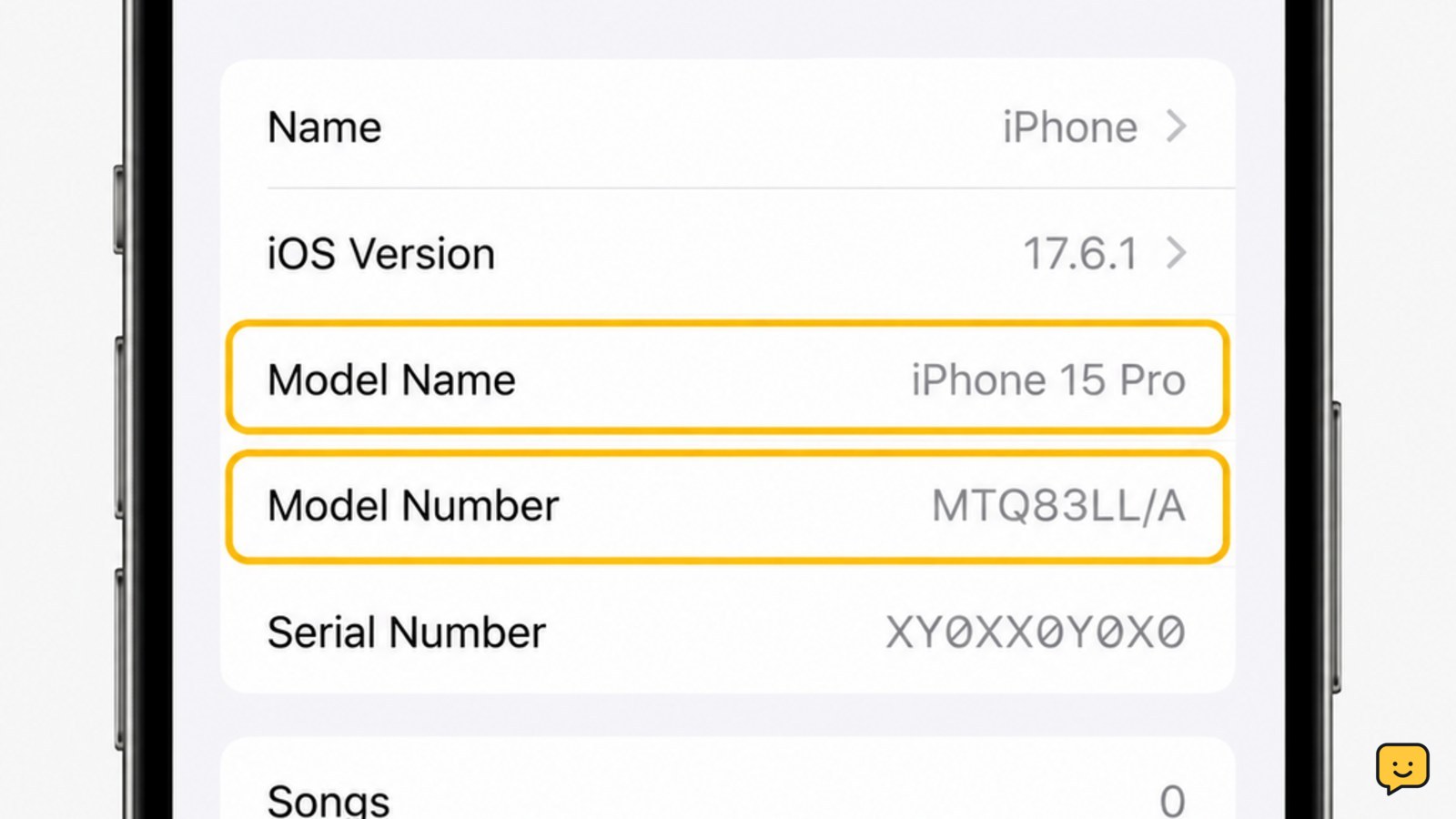 iPhone Settings About screen showing Model Name and Model Number