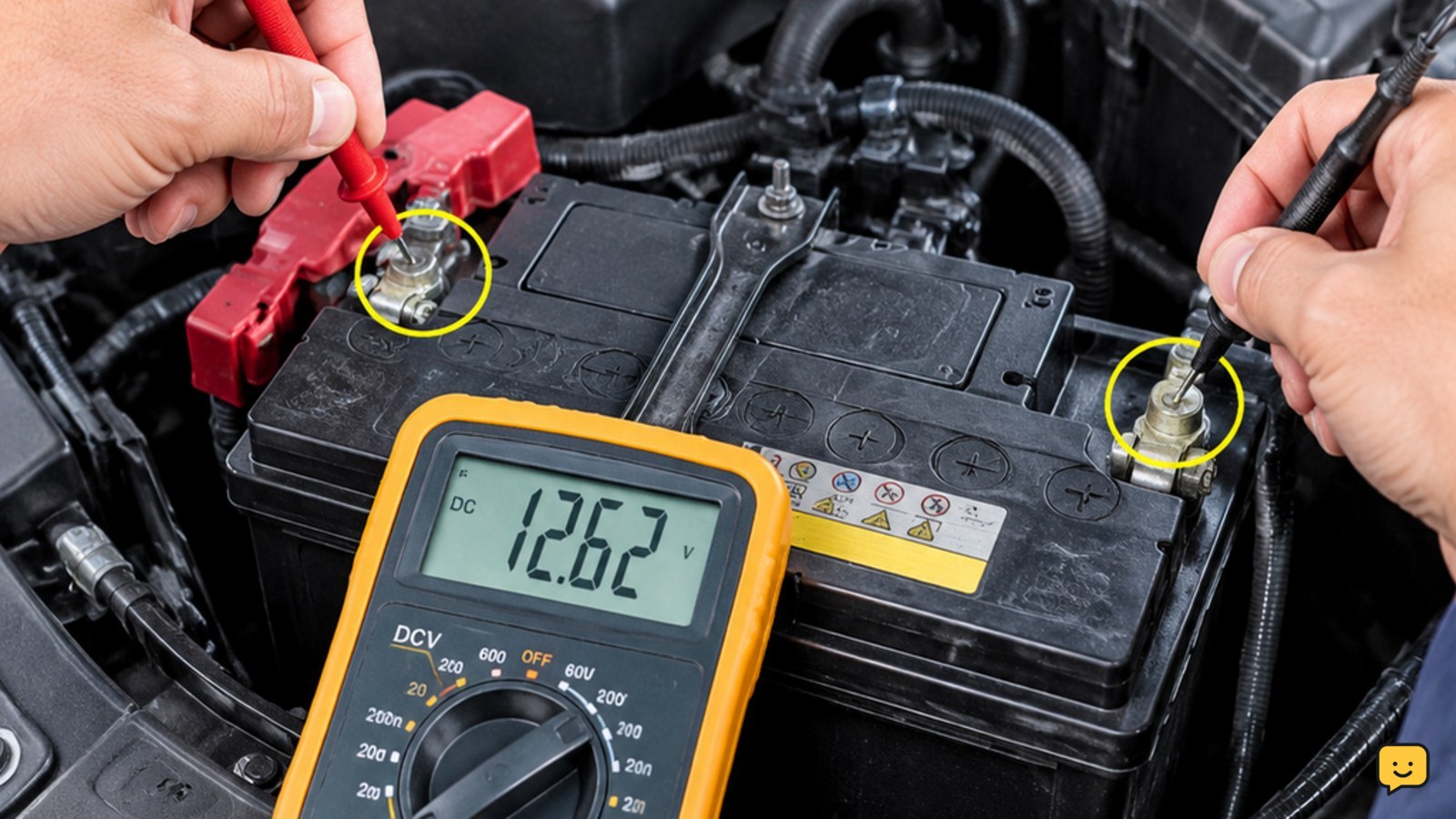 Digital multimeter probes connected across a car battery while testing alternator voltage
