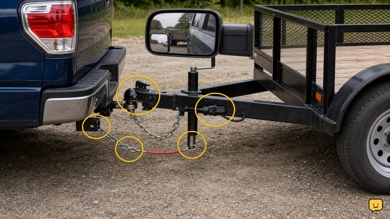 Tow vehicle connected to a utility trailer with safety chains and wiring secured