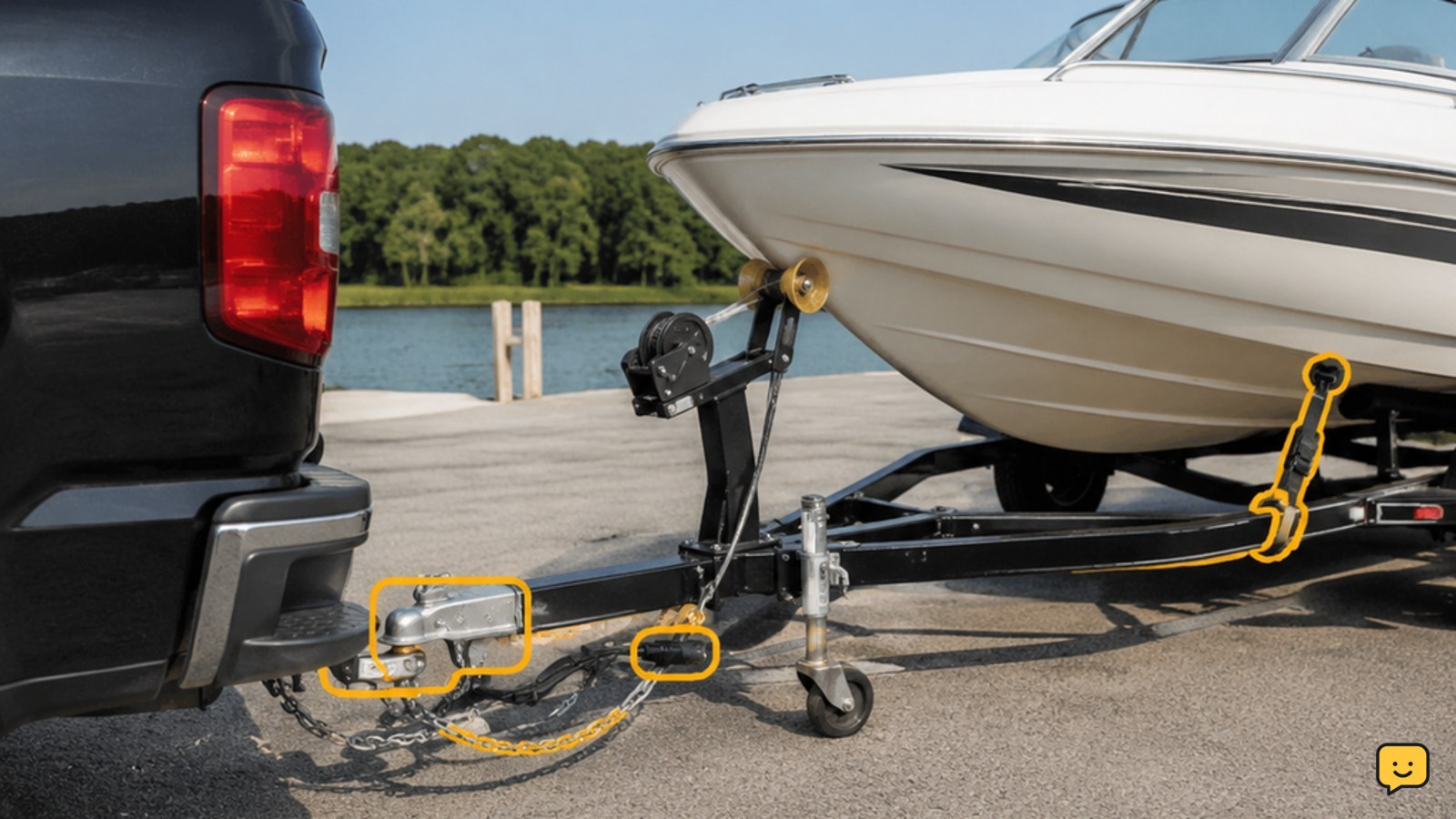 Pickup truck towing a properly secured boat trailer on a level paved staging area