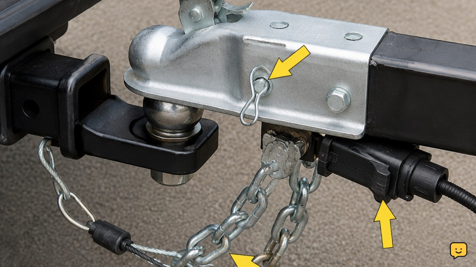 Close view of a boat trailer coupler latched onto a hitch ball with safety chains and wiring connected