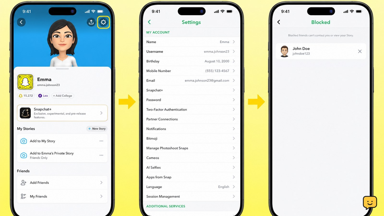 Snapchat profile settings with the Blocked contacts option highlighted