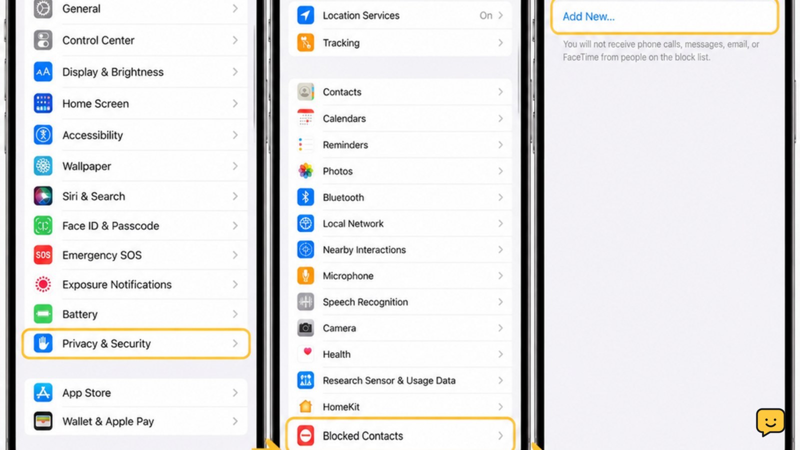 iPhone Settings showing Privacy and Security with Blocked Contacts as the destination