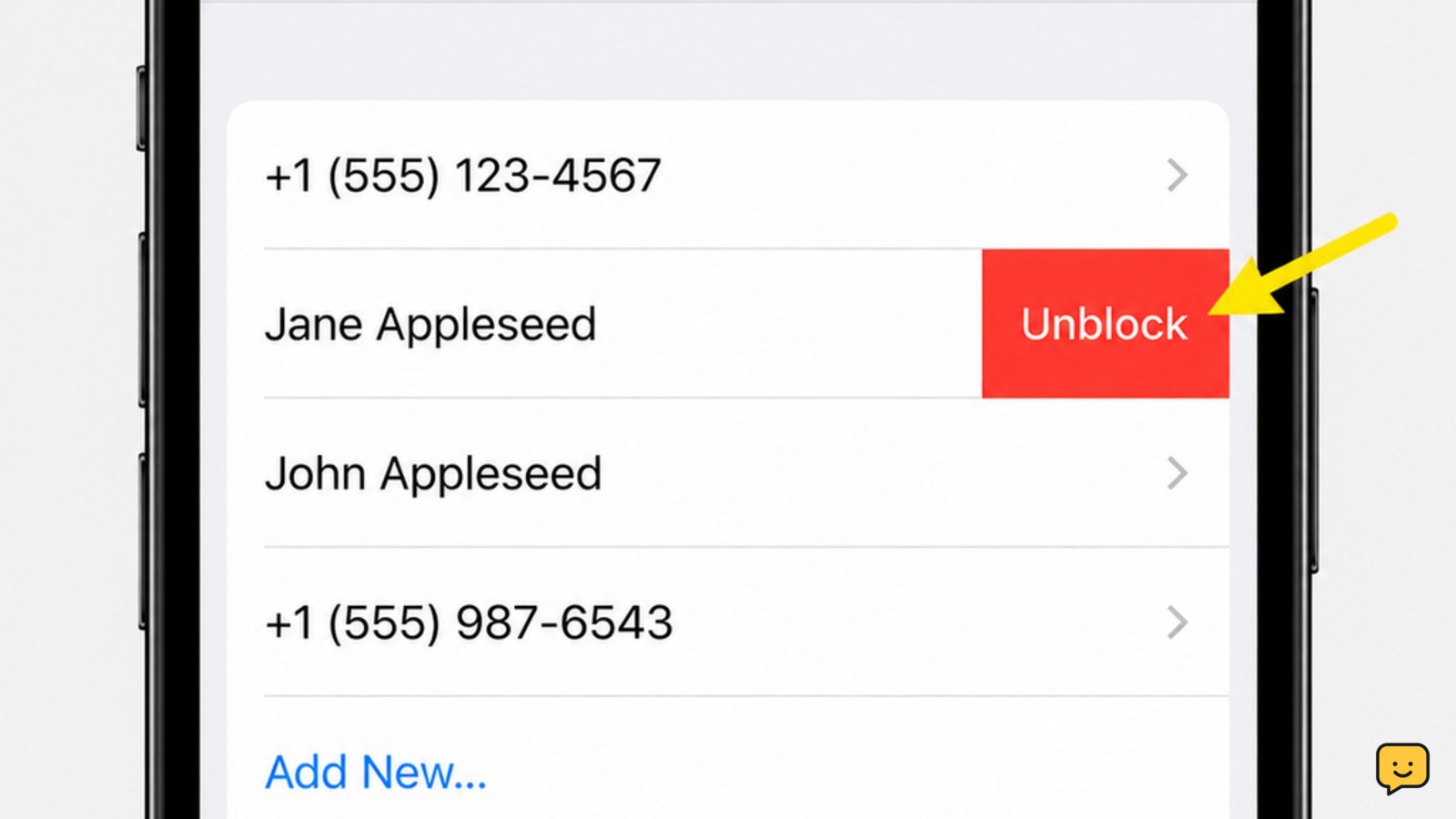 iPhone Blocked Contacts list with one contact row swiped left to reveal the red Unblock button