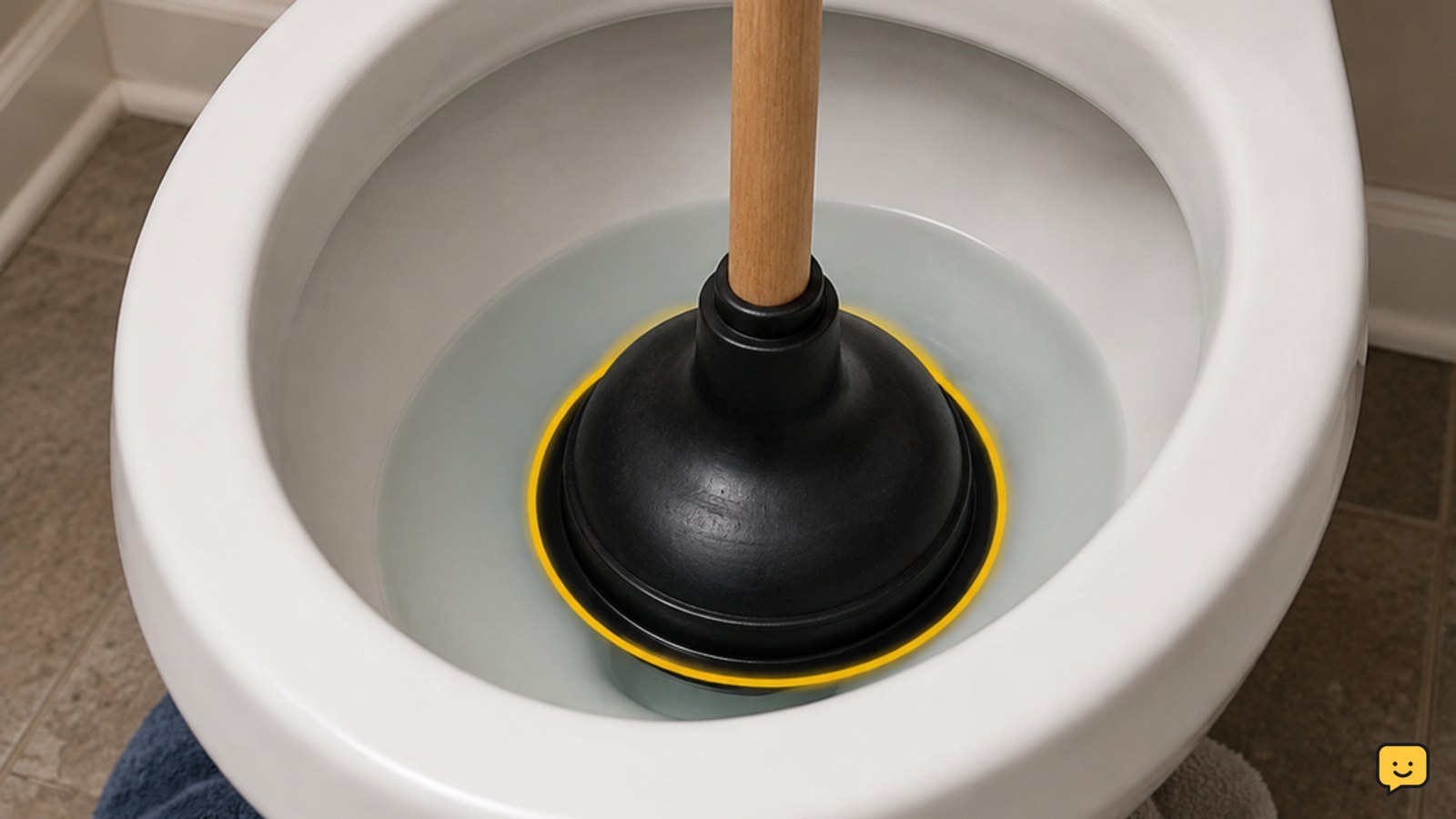 Flange plunger positioned over a toilet drain with the water level below the rim