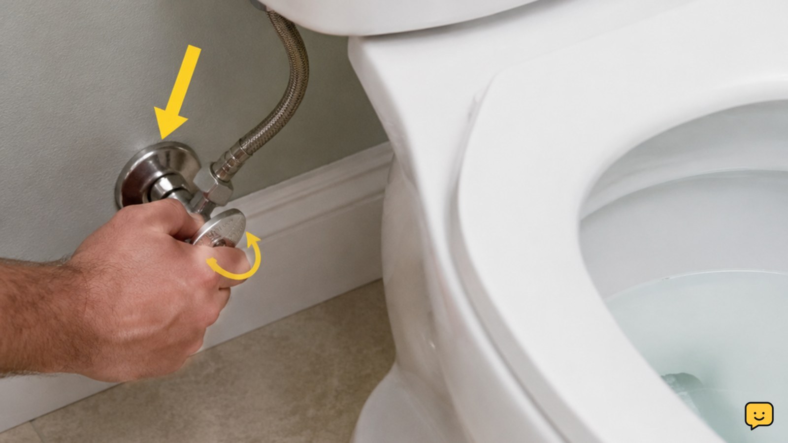 Toilet water supply shutoff valve behind the bowl turned clockwise with the bowl below the rim