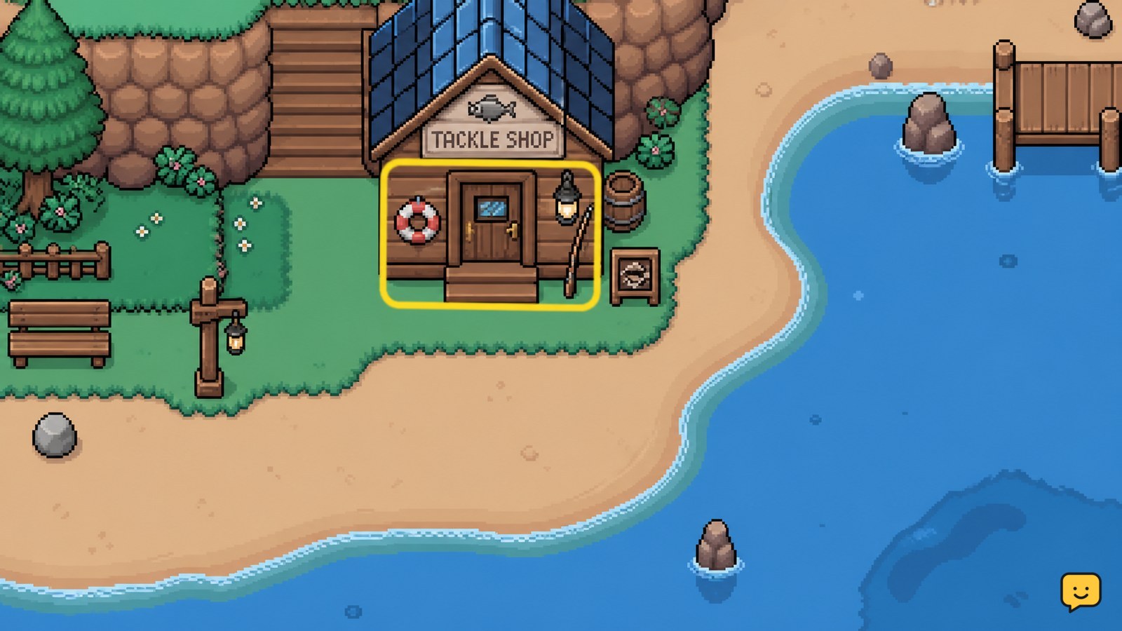 Fields of Mistria beach area with the Tackle Shop and fishing water visible
