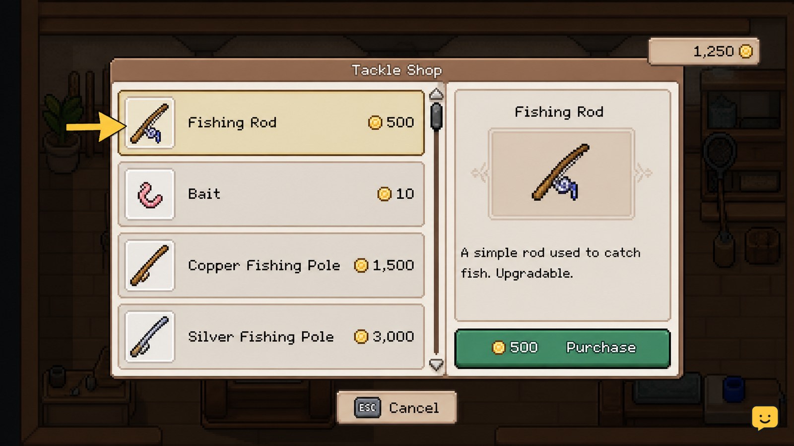 Fields of Mistria Tackle Shop purchase screen showing the Fishing Rod priced at 500 Tessarae
