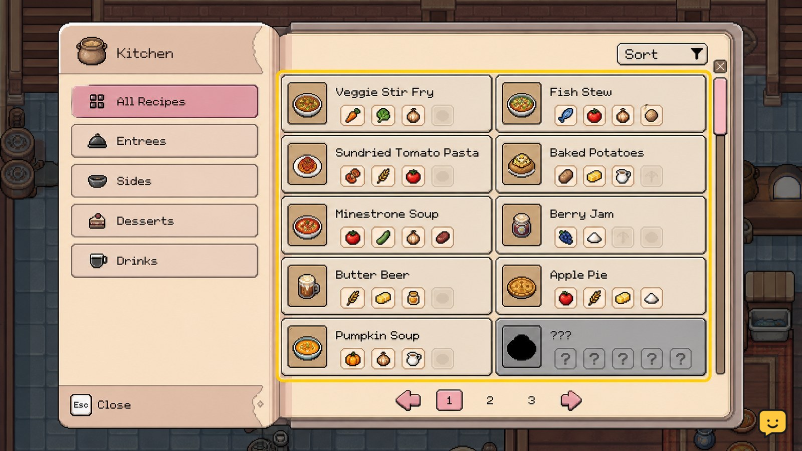Fields of Mistria Kitchen recipe menu showing learned and unavailable cooking recipes