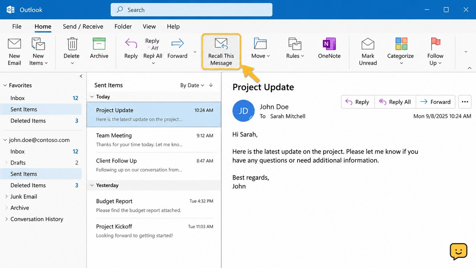 Outlook Sent Items message window showing the Recall This Message command