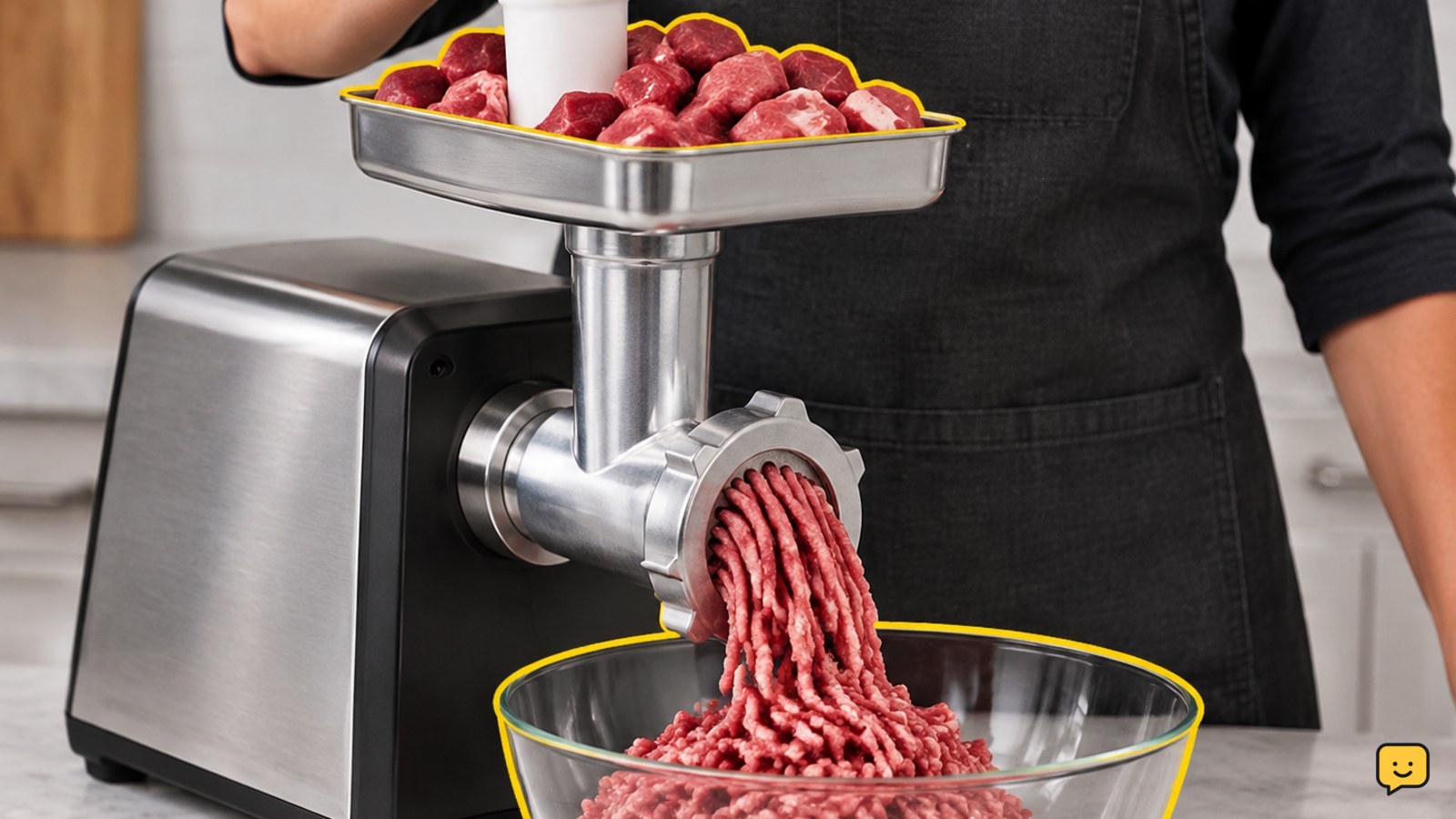 Assembled meat grinder feeding chilled cubed meat into a bowl