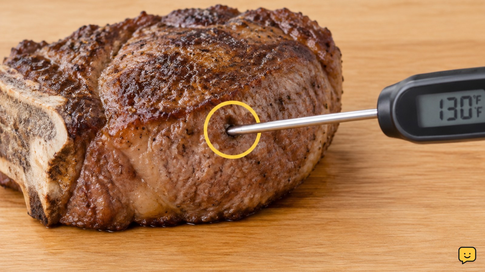 Instant-read meat thermometer inserted horizontally into the thickest part of a steak