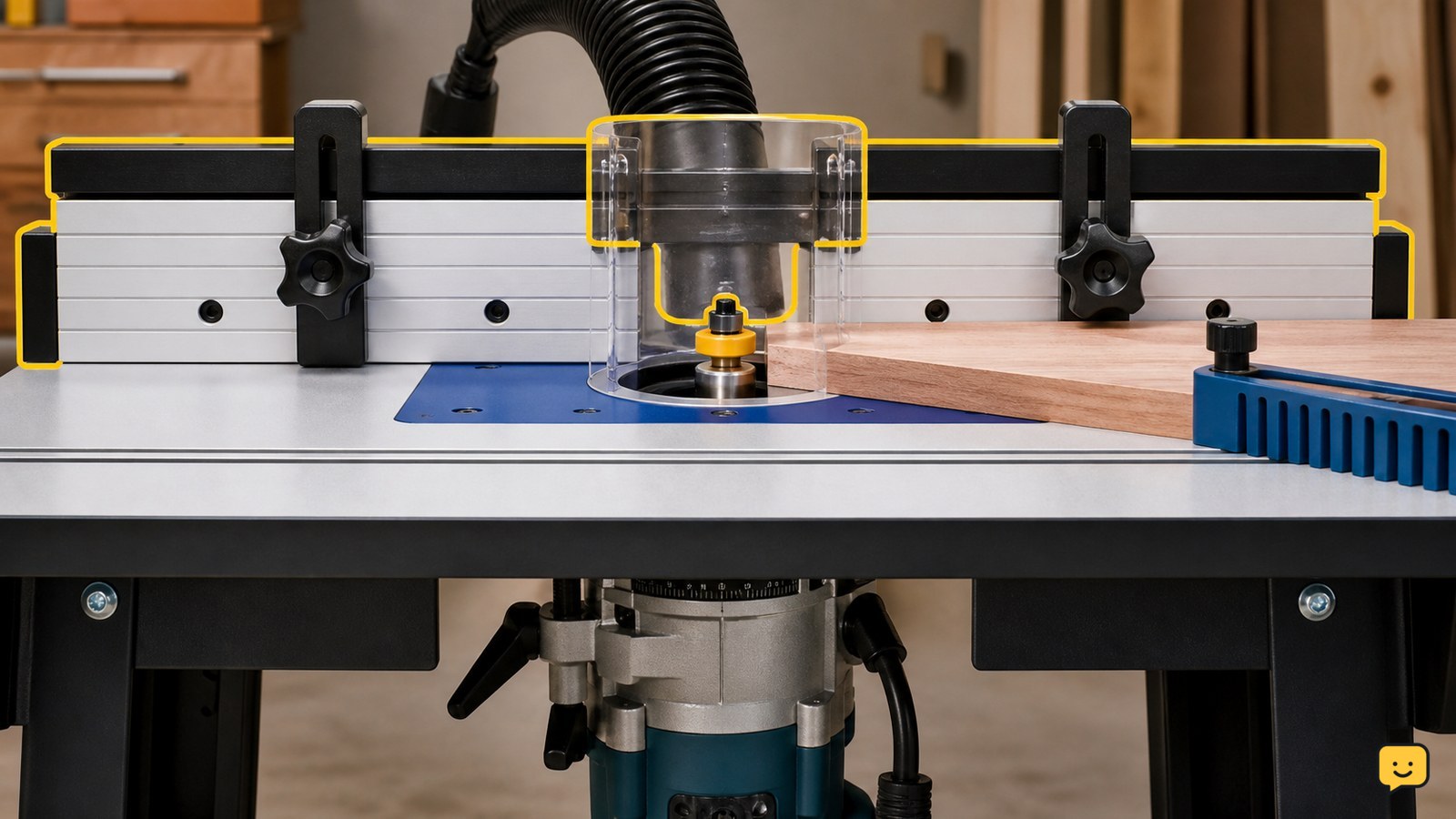 Router table with mounted router, fence, guard, cutter and supported wood stock
