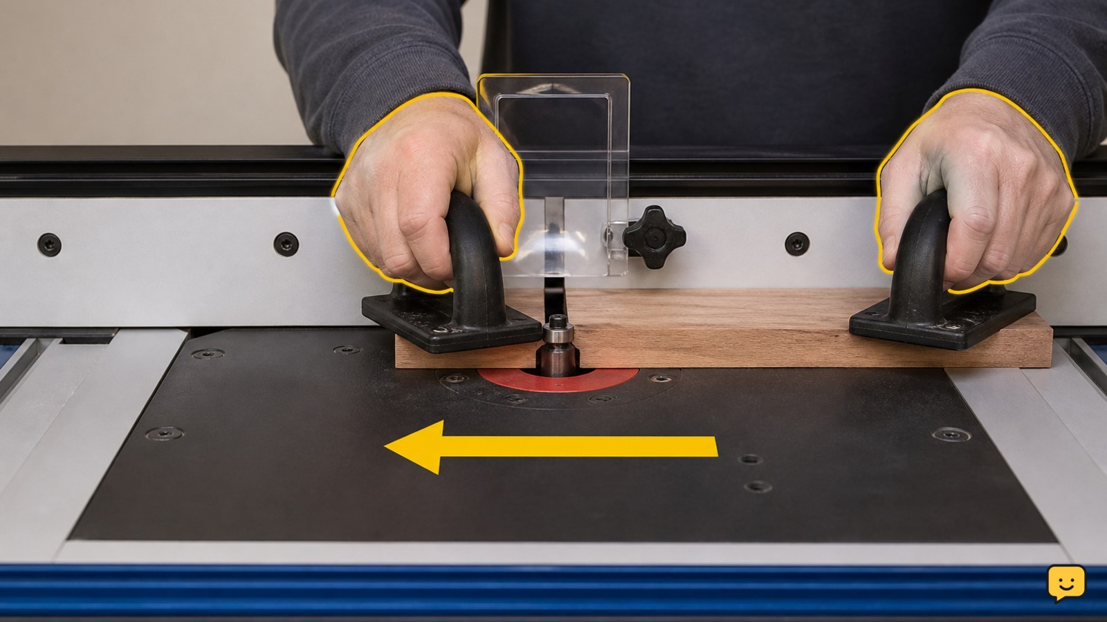 Router table viewed from the front with a board moving right to left against the fence, hands behind push blocks and away from the cutter