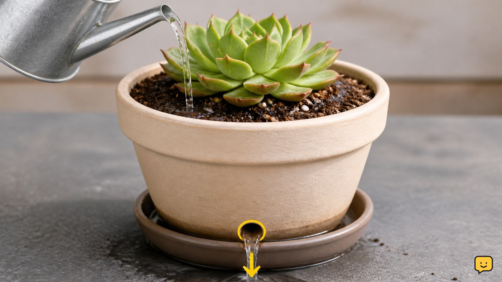 Water being poured onto the soil of a potted succulent with drainage water leaving the bottom
