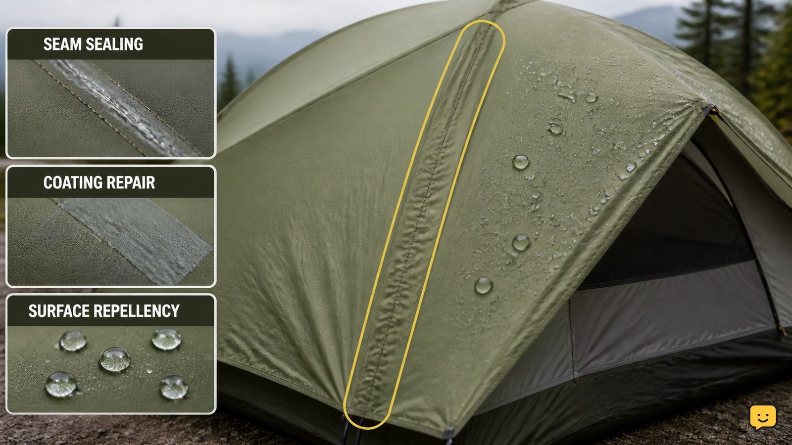 Set-up dome tent with rainfly, visible sealed seam detail and water beading on the exterior
