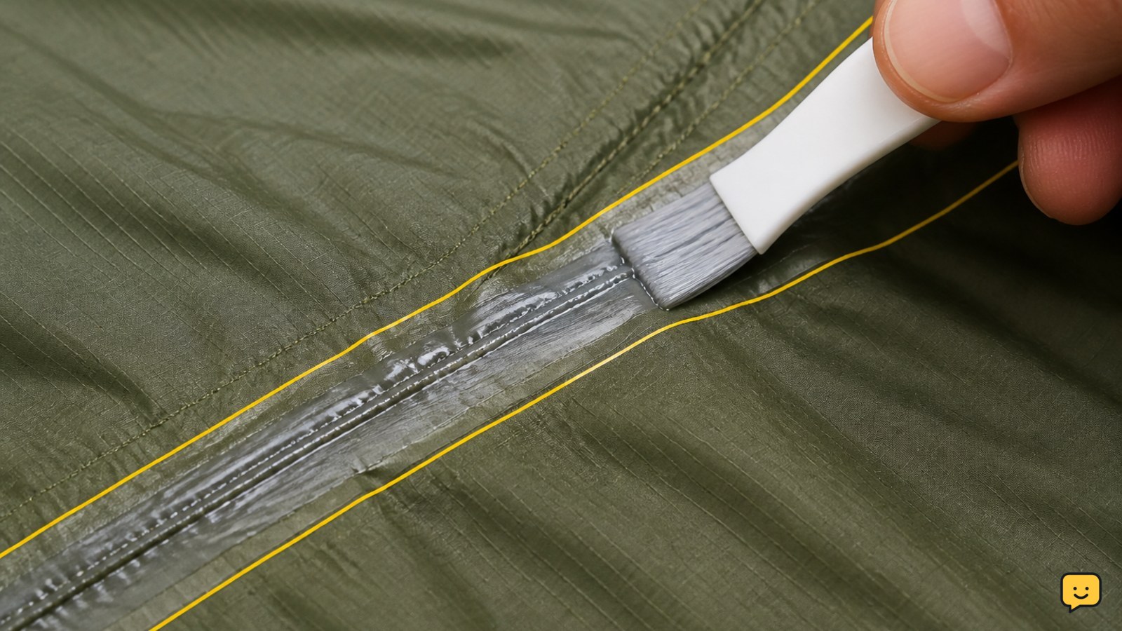 Close-up of tent seam sealer applied in a thin continuous line over stitched fabric