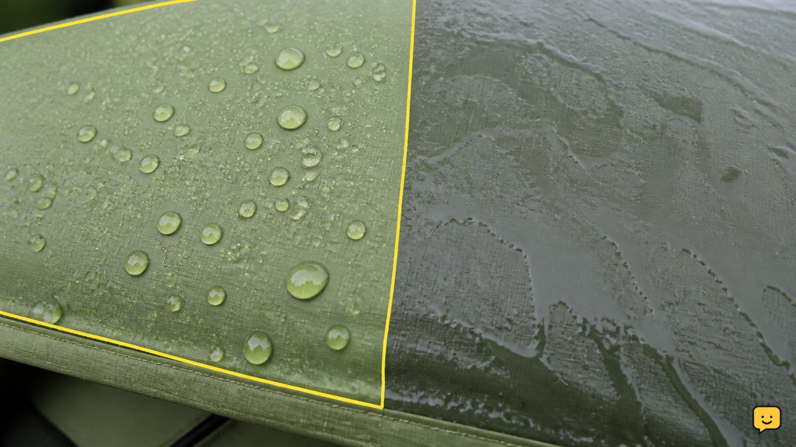 Rainfly exterior with rounded water beads beside untreated fabric where water spreads