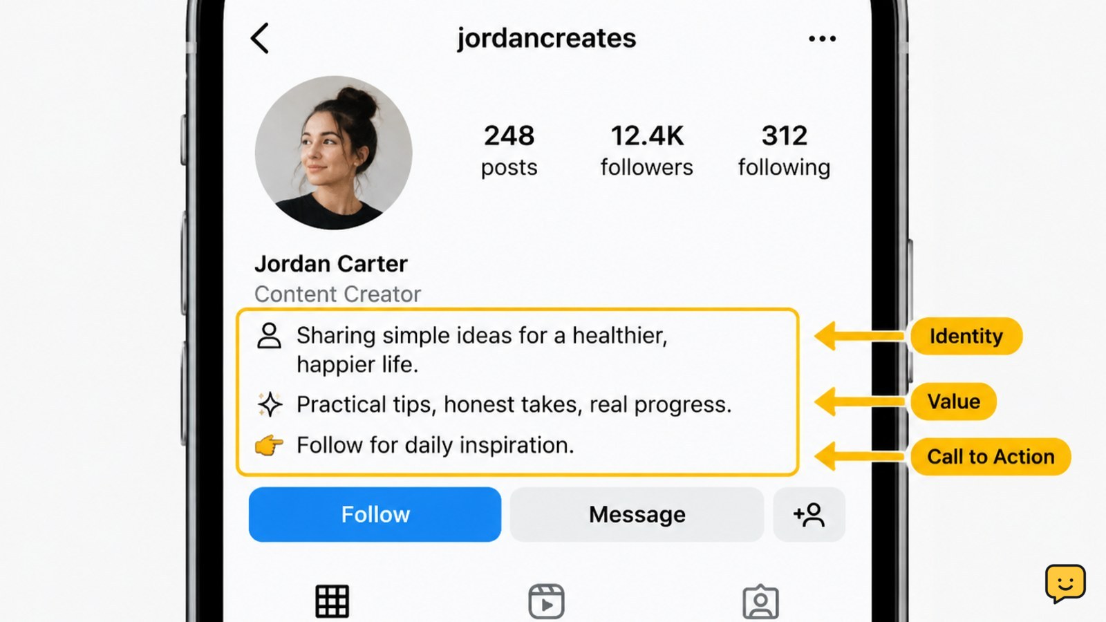 Instagram profile bio showing a concise identity statement, audience benefit, and call to action