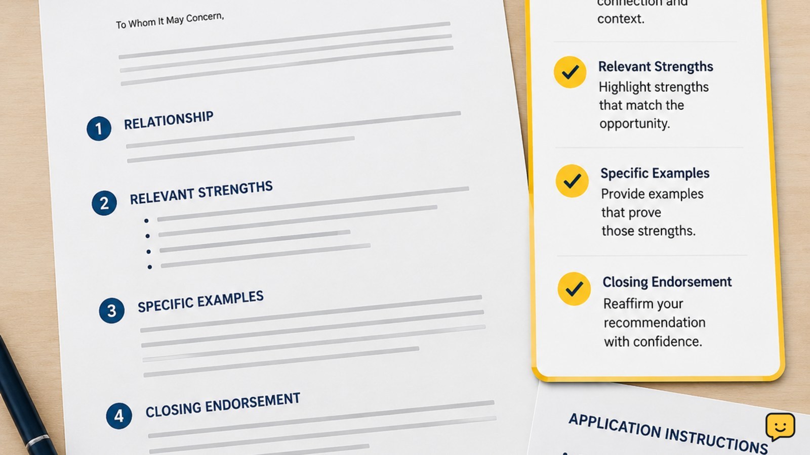 Recommendation letter draft beside an evidence checklist and application instructions
