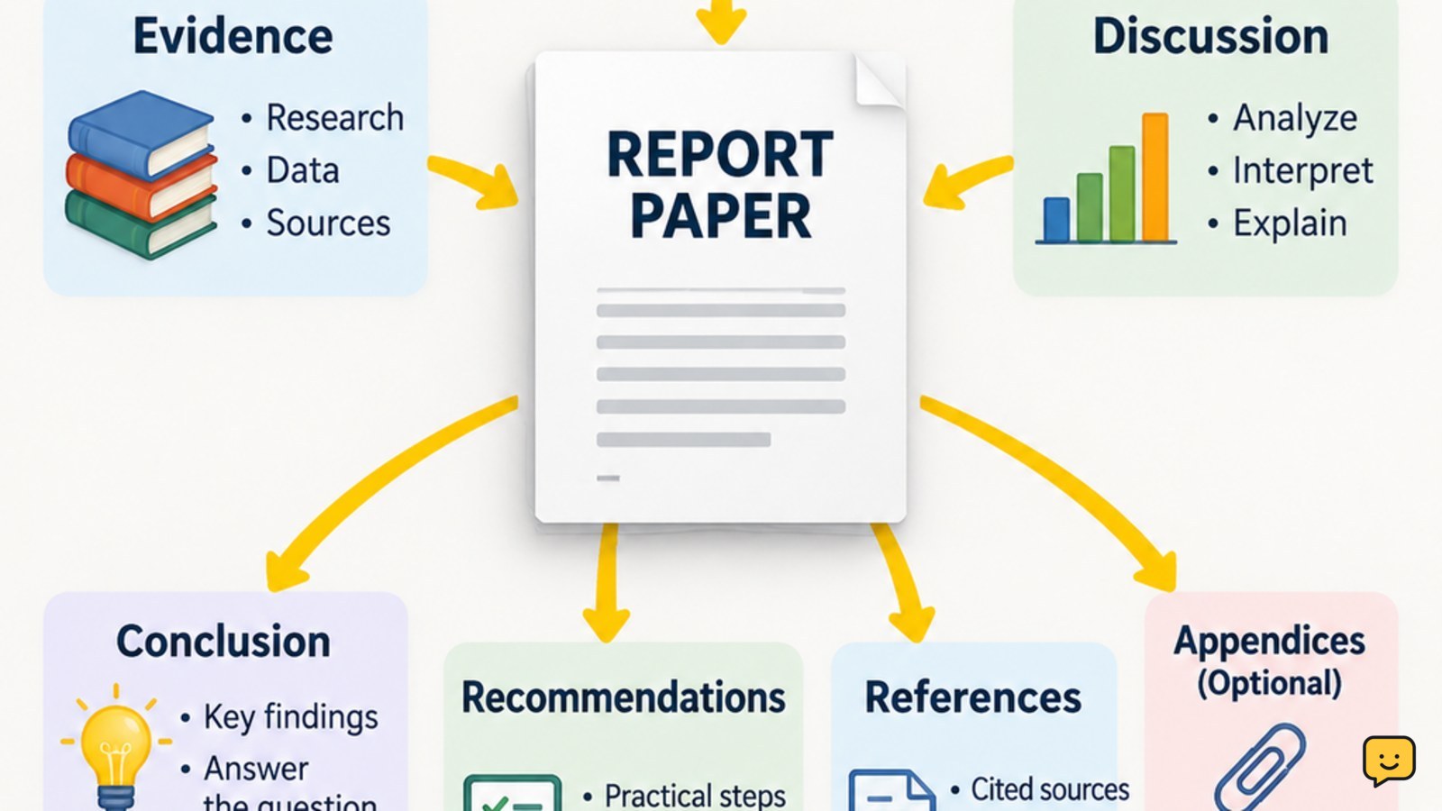 A clean report paper structure diagram linking the question to evidence, discussion, conclusion, recommendations, and references