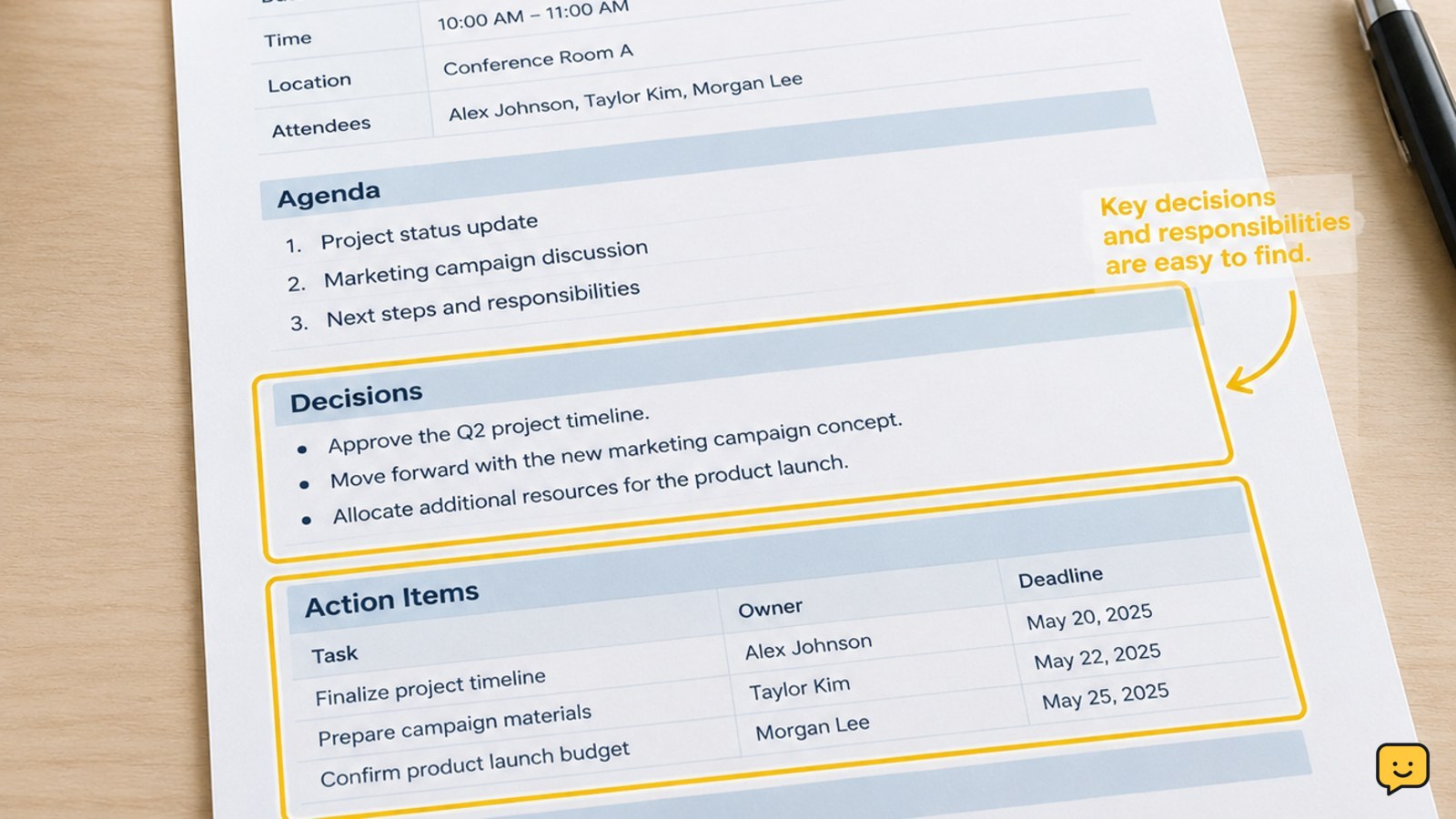 Structured meeting minutes document showing decisions and action items
