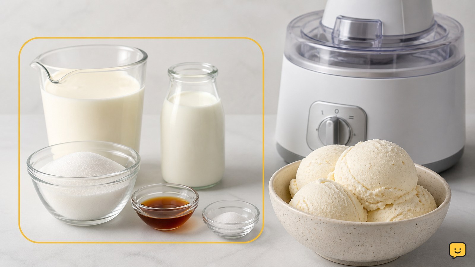 A bowl of homemade vanilla ice cream beside cream, milk, sugar, vanilla, salt, and an ice cream maker