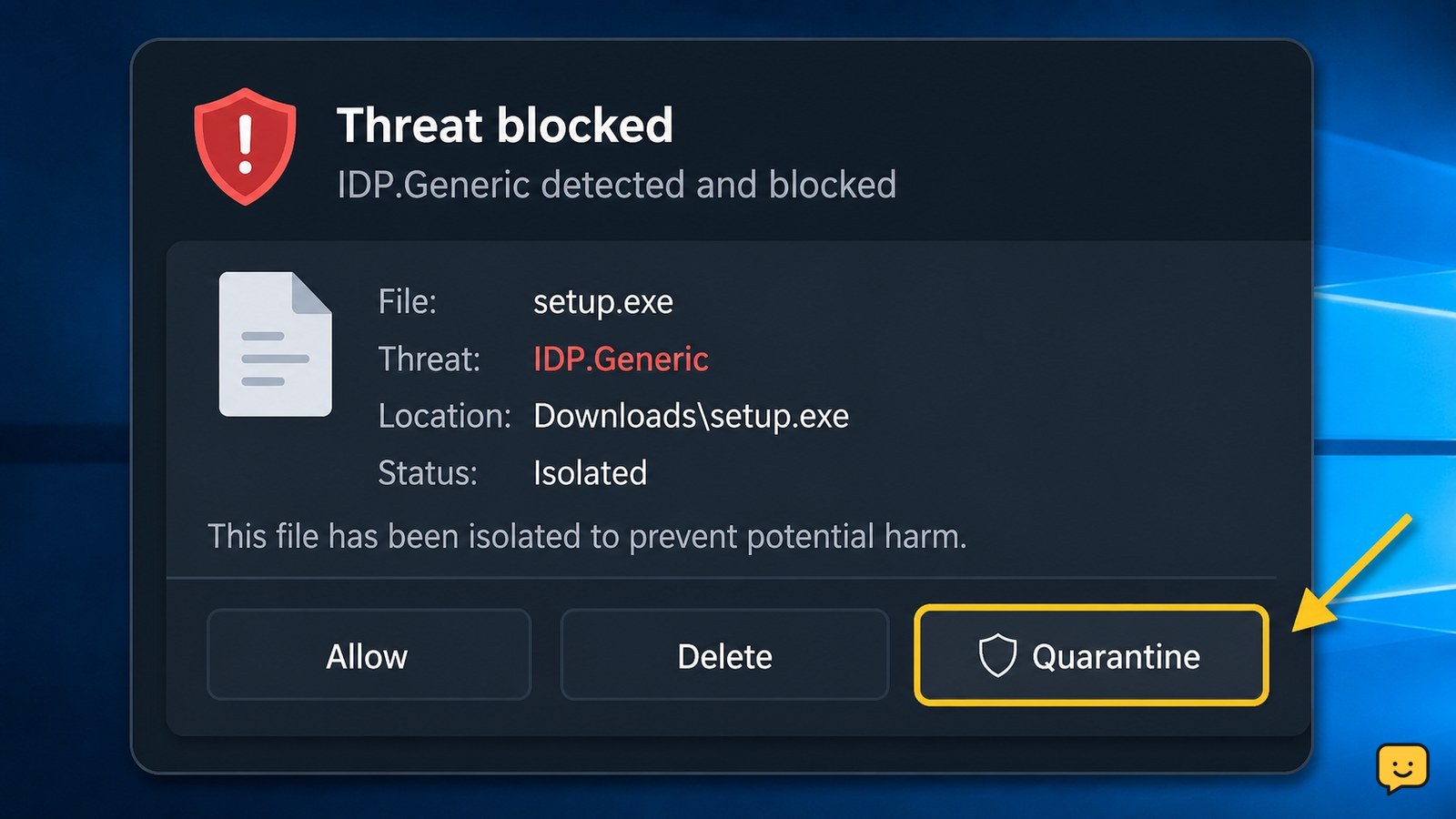 Desktop security alert showing an IDP.Generic file detection with quarantine selected