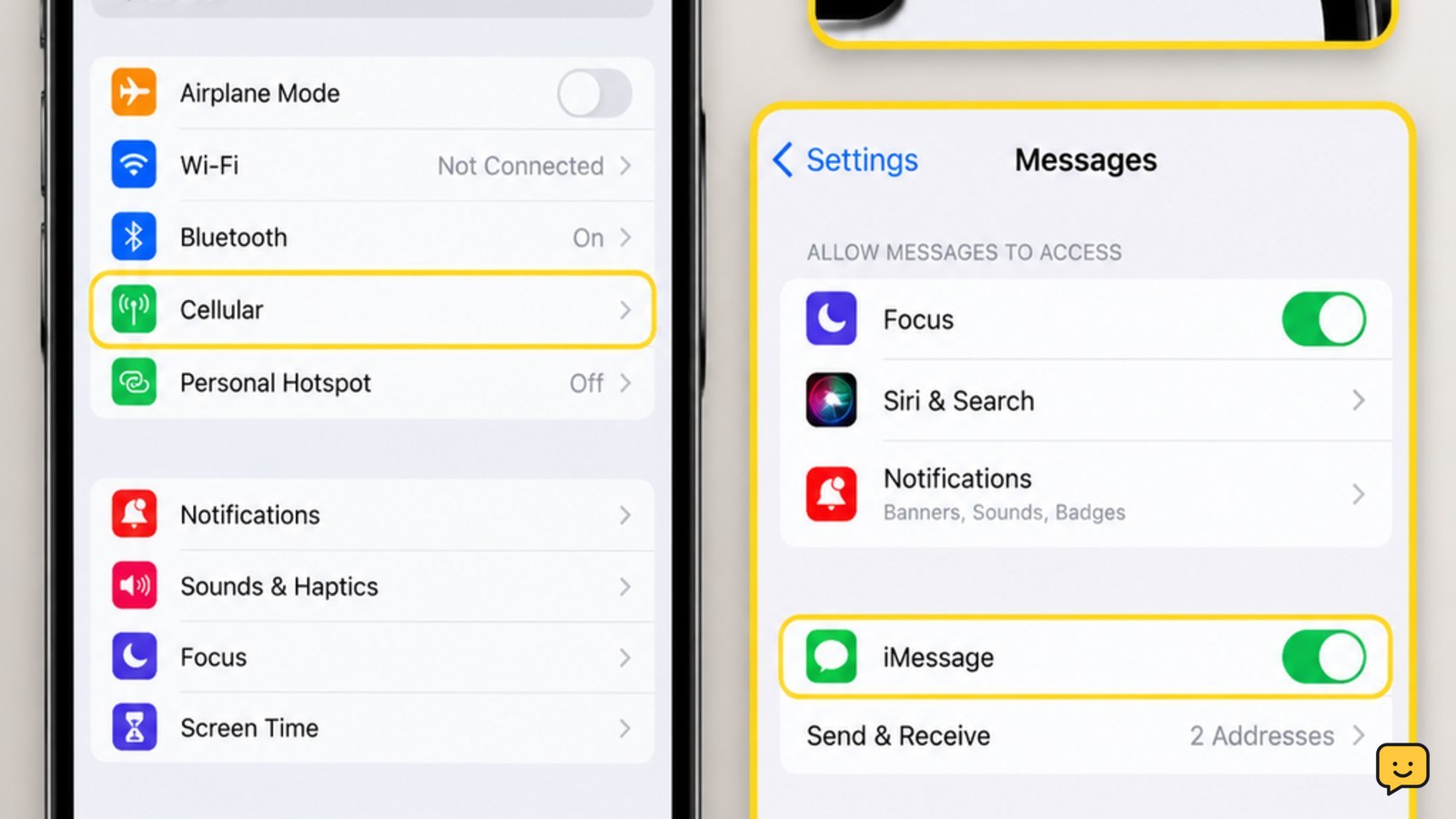 iPhone showing Messages troubleshooting settings and cellular status
