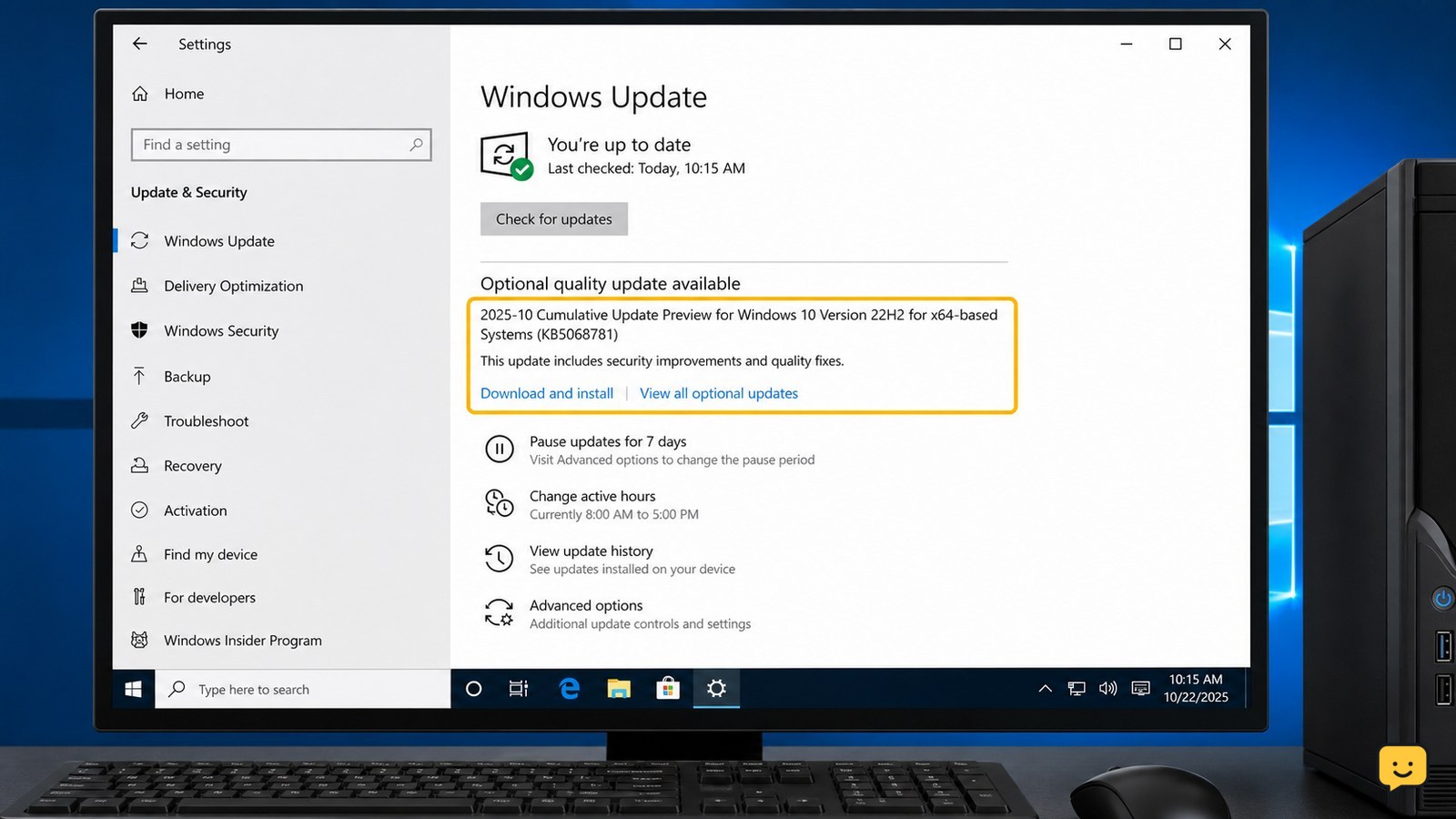 Windows 10 Windows Update page showing KB5068781 available for download and installation