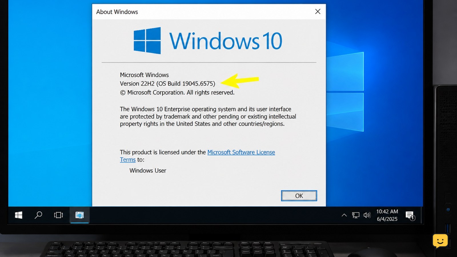 Windows 10 winver dialog showing an OS build ending in 19045.6575