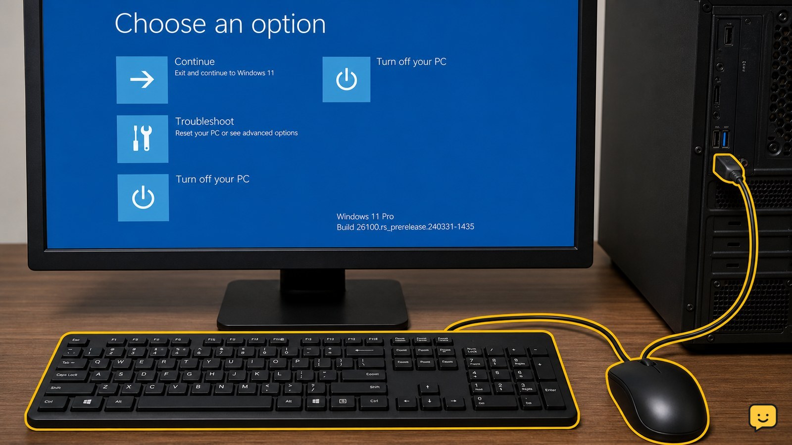 Windows Recovery Environment screen with a wired USB keyboard and mouse connected to a Windows 11 PC