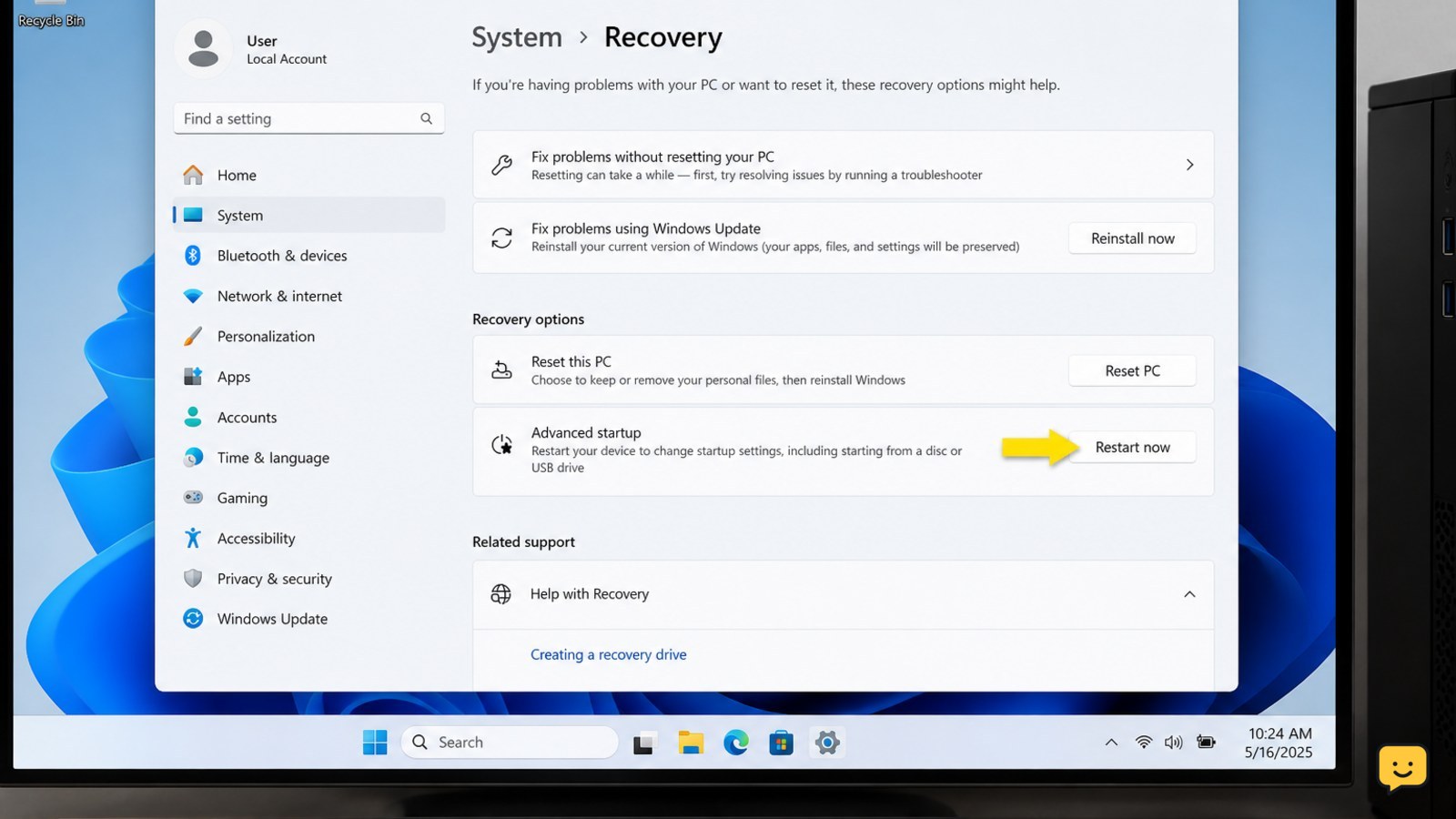 Windows 11 System Recovery settings showing the Advanced startup Restart now control