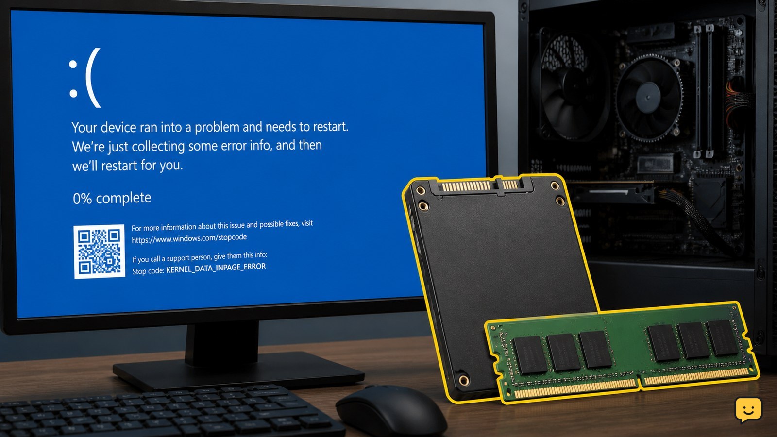Windows computer showing KERNEL_DATA_INPAGE_ERROR beside a storage drive and RAM module