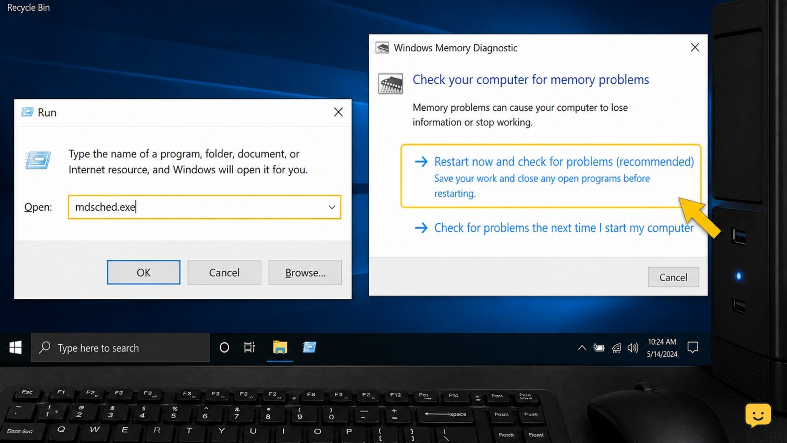 Windows Run dialog with mdsched.exe entered and Windows Memory Diagnostic choices visible