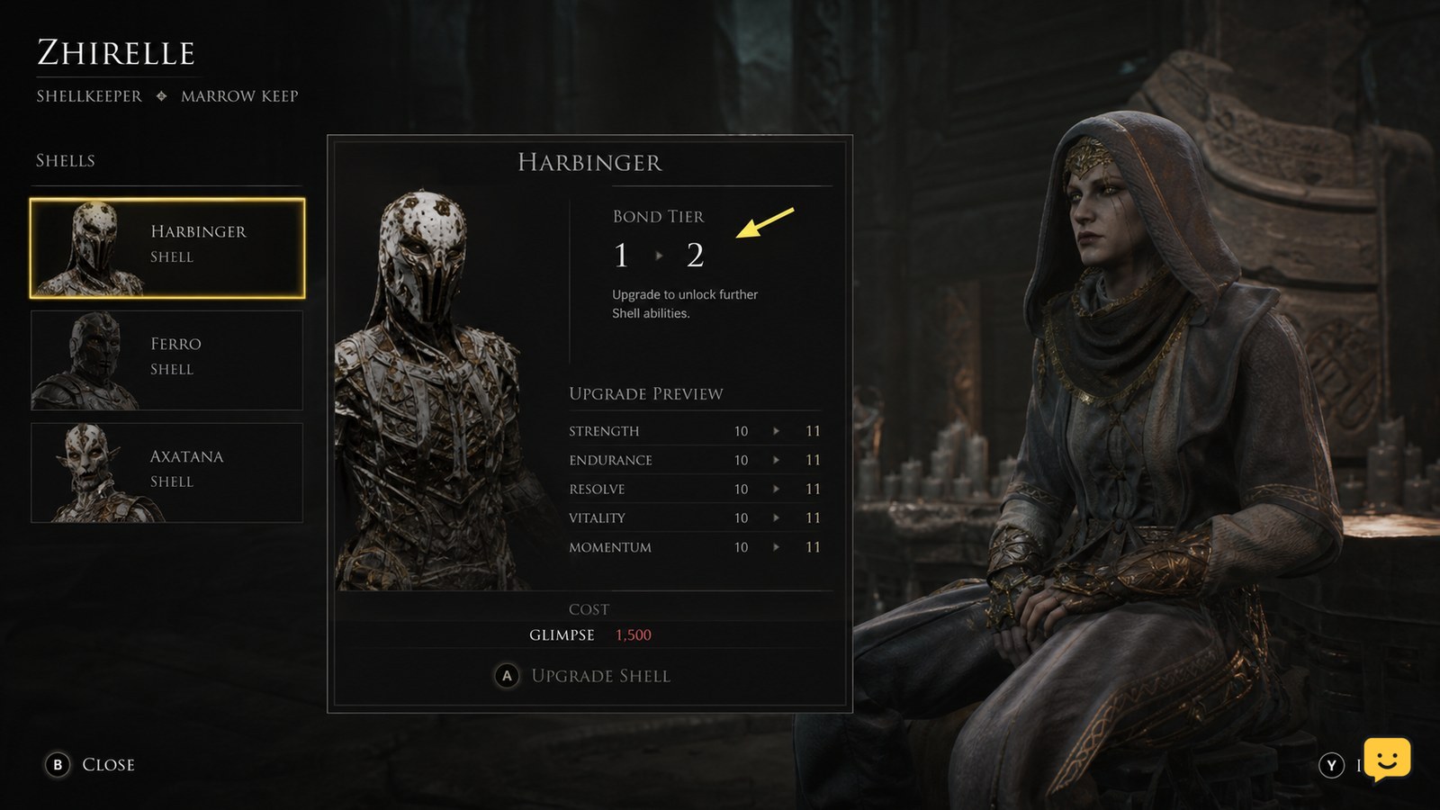 Mortal Shell II Shell progression screen context at Zhirelle in Marrow Keep