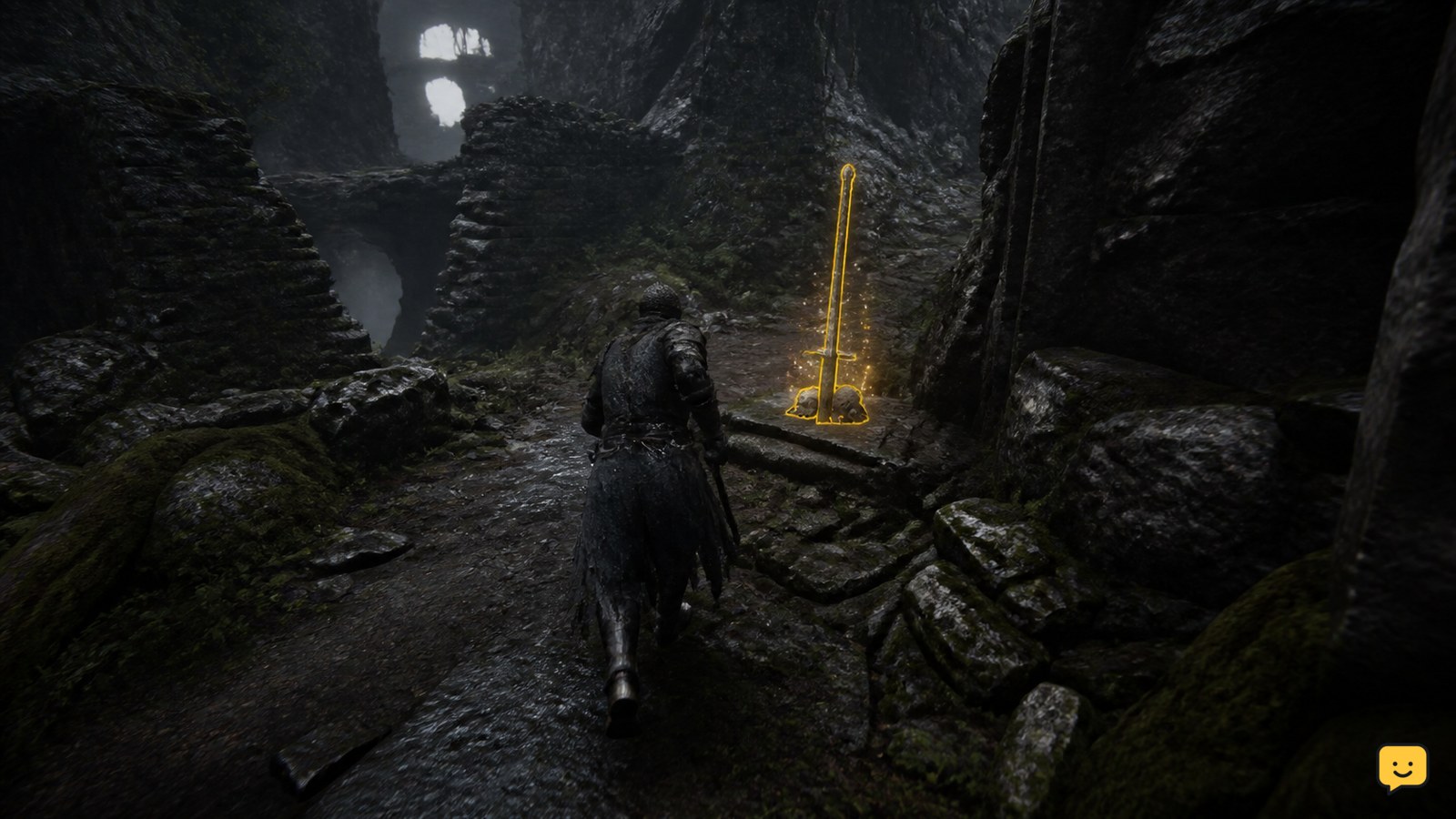 Mortal Shell II player character approaching a weapon pickup in an unexplored area