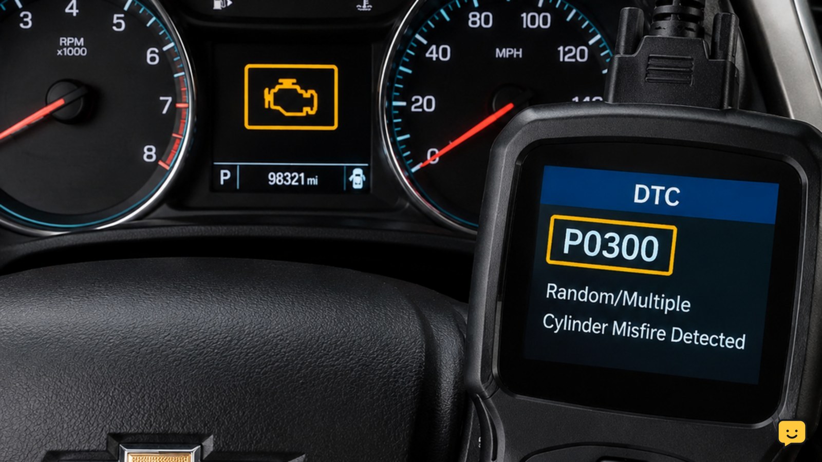 Chevrolet dashboard showing the check-engine warning and a scan tool displaying P0300